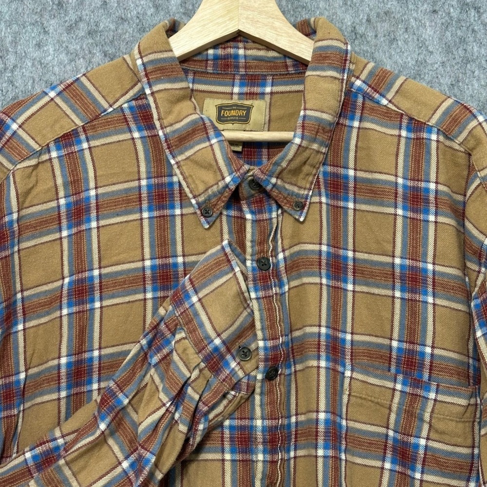 The Foundry Supply Co Mens 3XLT Tan Plaid Long Sleeve Button Up Shirt Cotton